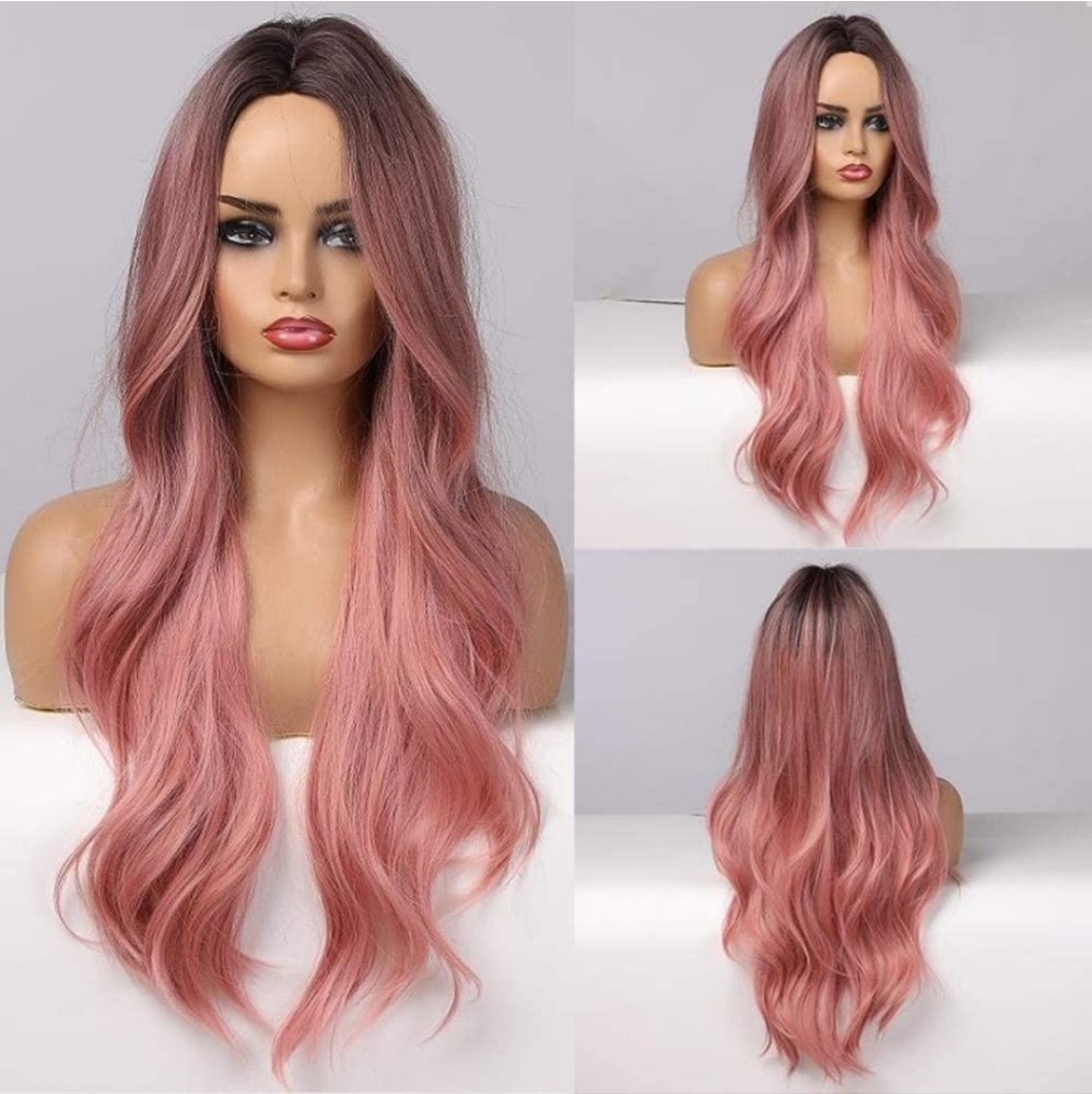 24 Inches Pink Wigs with Dark Roots for Women Synthetic Heat Resistant
